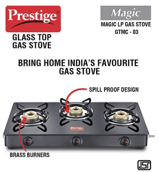 Prestige Magic plus Toughened Glass-Top 3 Brass Burner LPG Gas Stove(GTMP-03) | Black Spill Proof Design | Ergonomic Knob | Tri-Pin Burner - Image 2